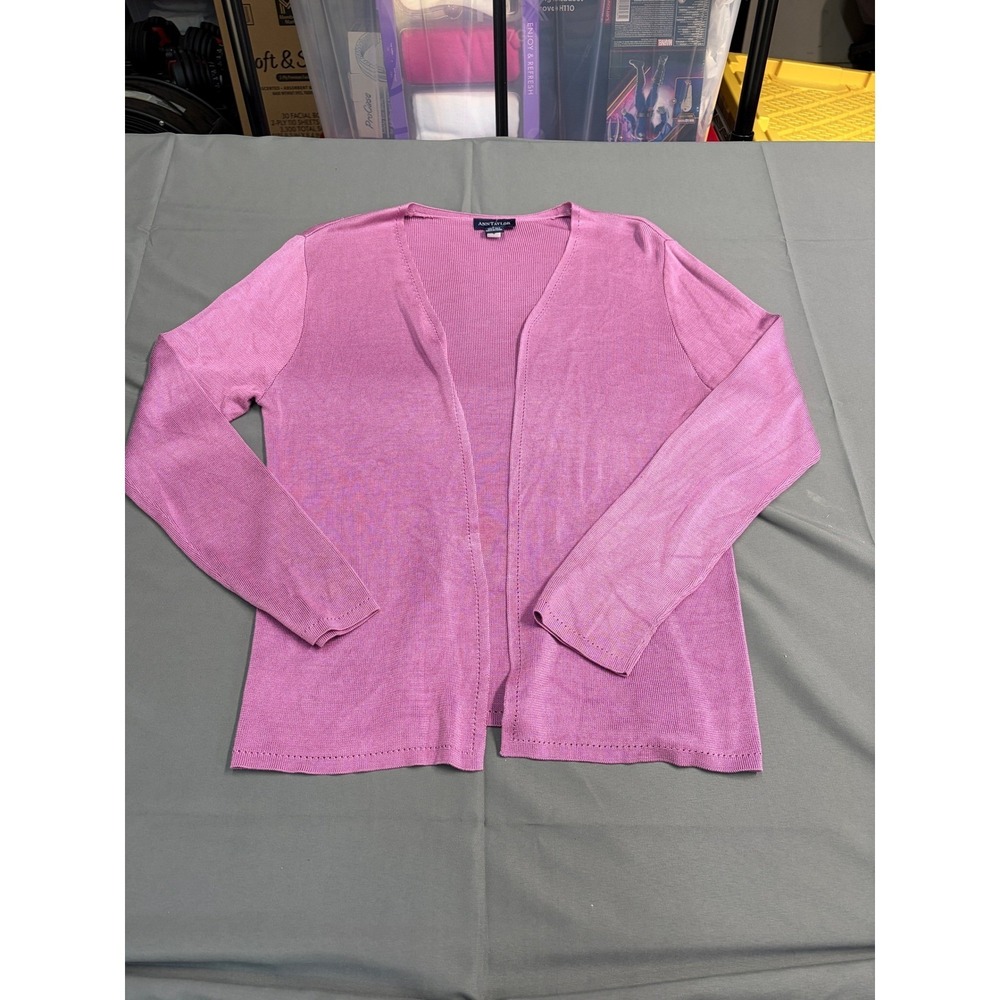 Ann Taylor 100% Silk Cardigan Sweater Purple V-Neck Long Sleeve Large Orchid - Picture 3 of 16